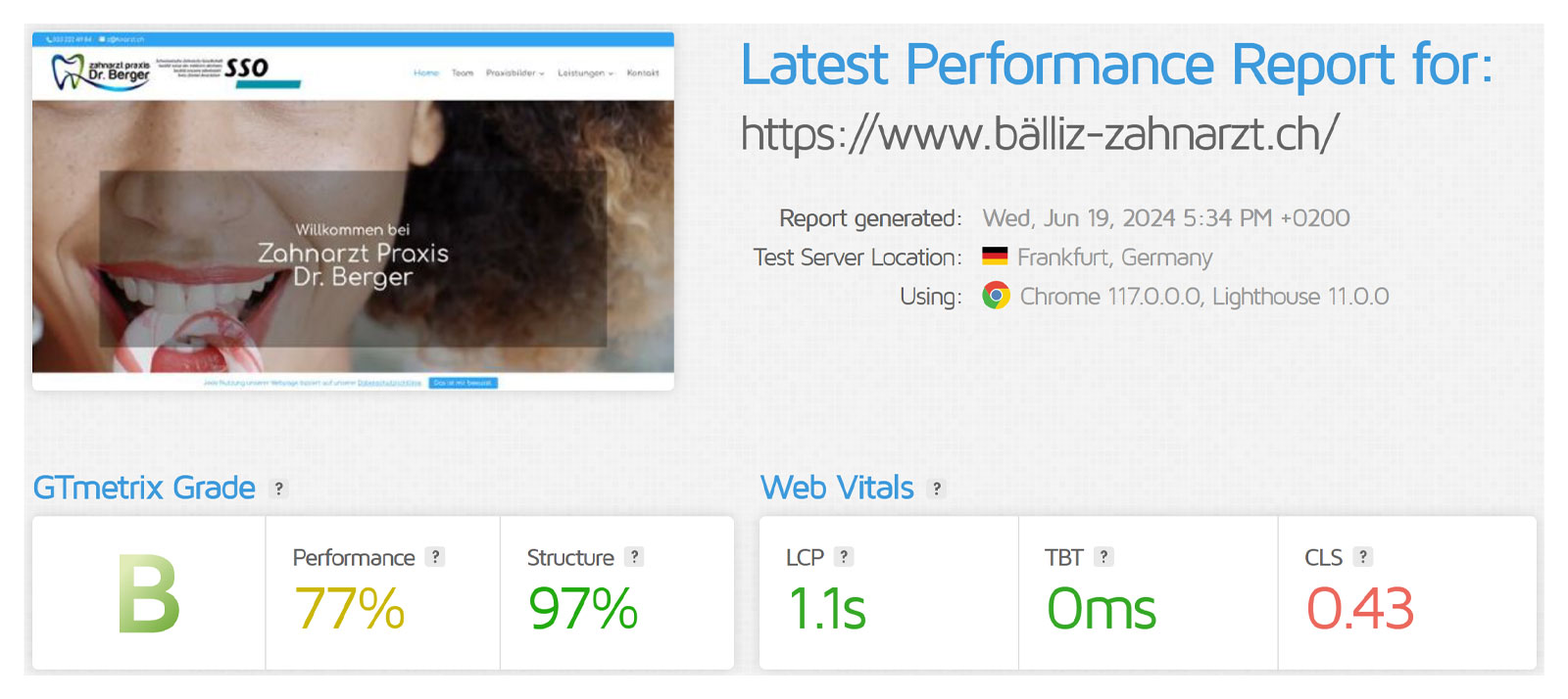 GTmetrix report for Bälliz Zahnarzt