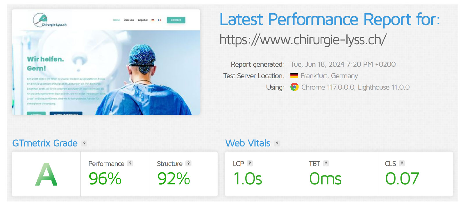 GTmetrix report for Chirurgie Lyss