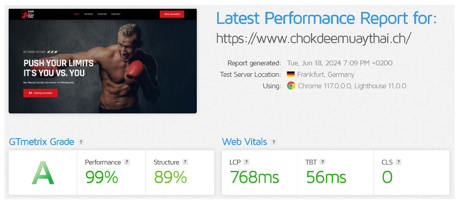 GTmetrix report for Chok Dee Muay Thai