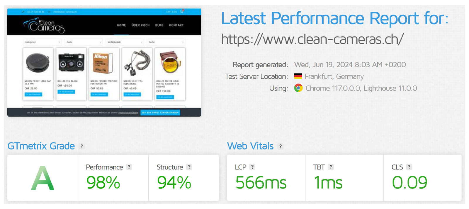 GTmetrix report for Clean Cameras