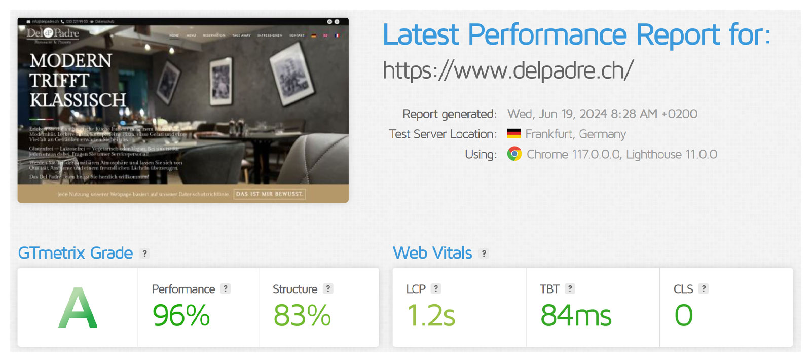 GTmetrix report for Del Padre