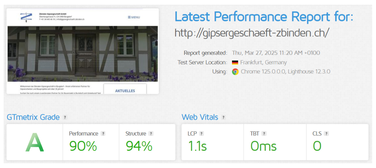 Rapport GTmetrix pour Gipsergeschäft Zbinden GmbH