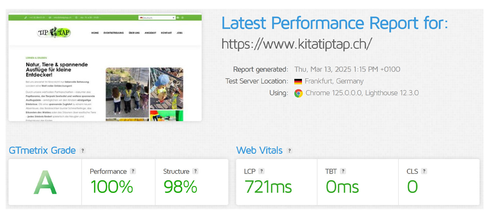 GTmetrix-Bericht für Kita Tip Tap