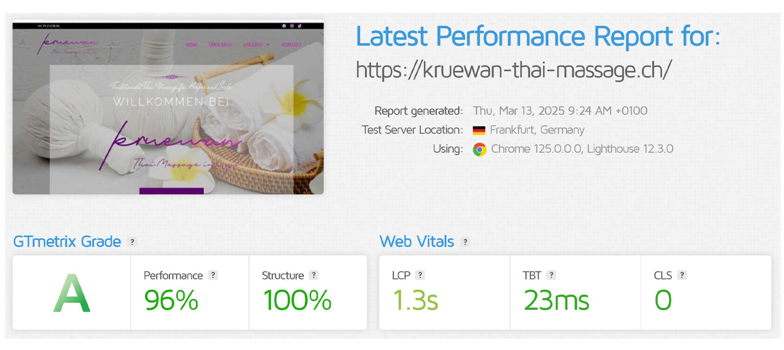 GTmetrix-Bericht für Kruewan Thai Massage
