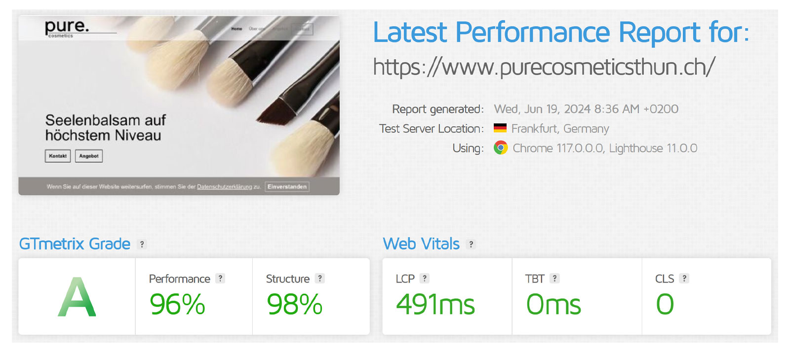 GTmetrix-Bericht für Pure Cosmetics