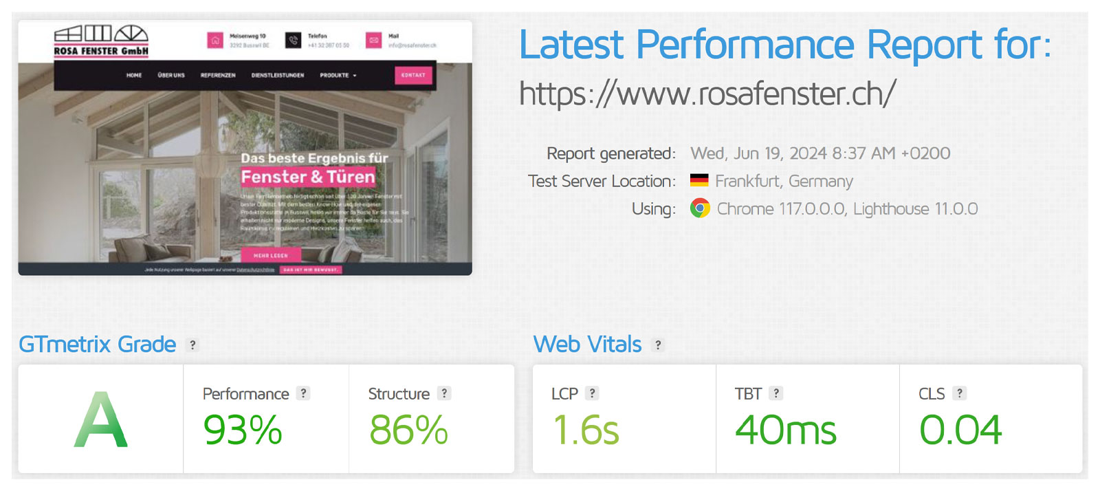 GTmetrix report for Rosa Fenster GmbH