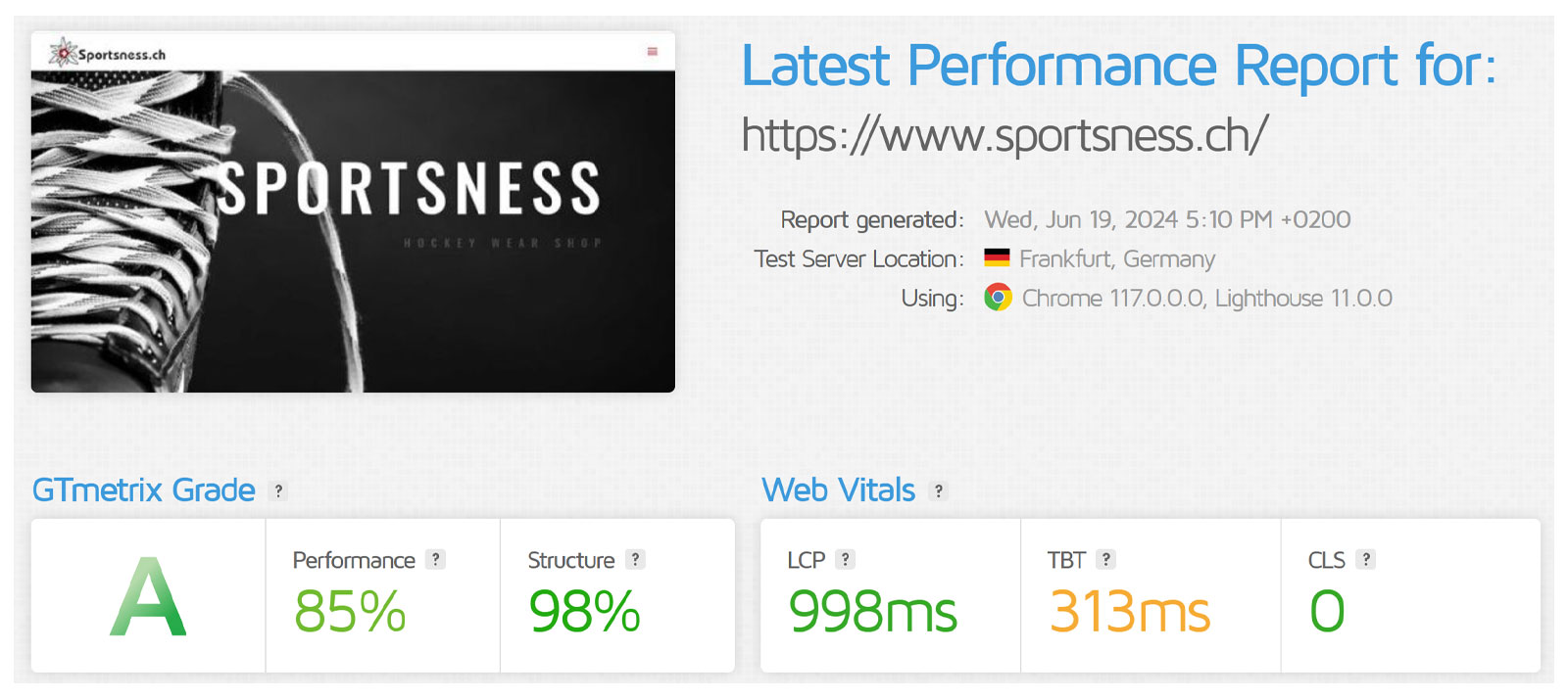 GTmetrix report for Sportsness