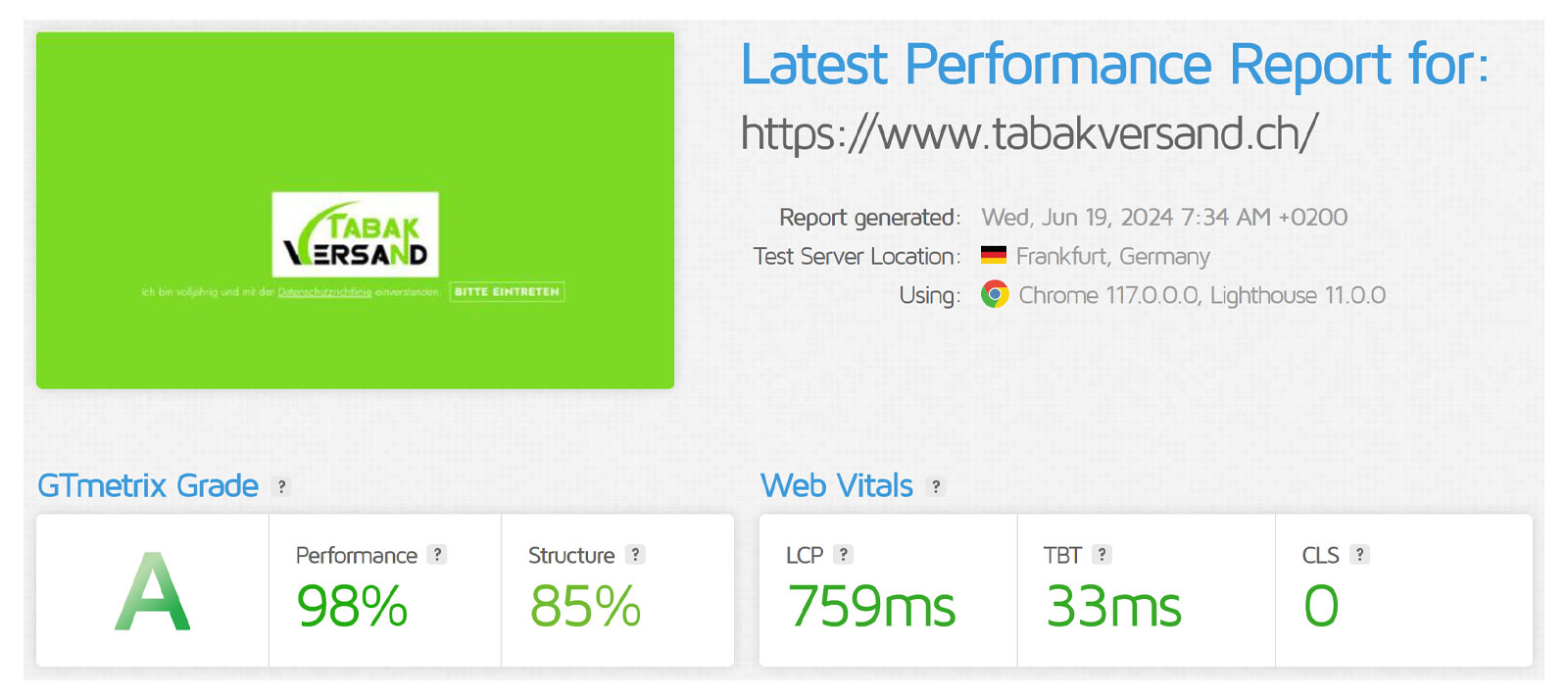 Rapport GTmetrix pour Tabakversand.ch