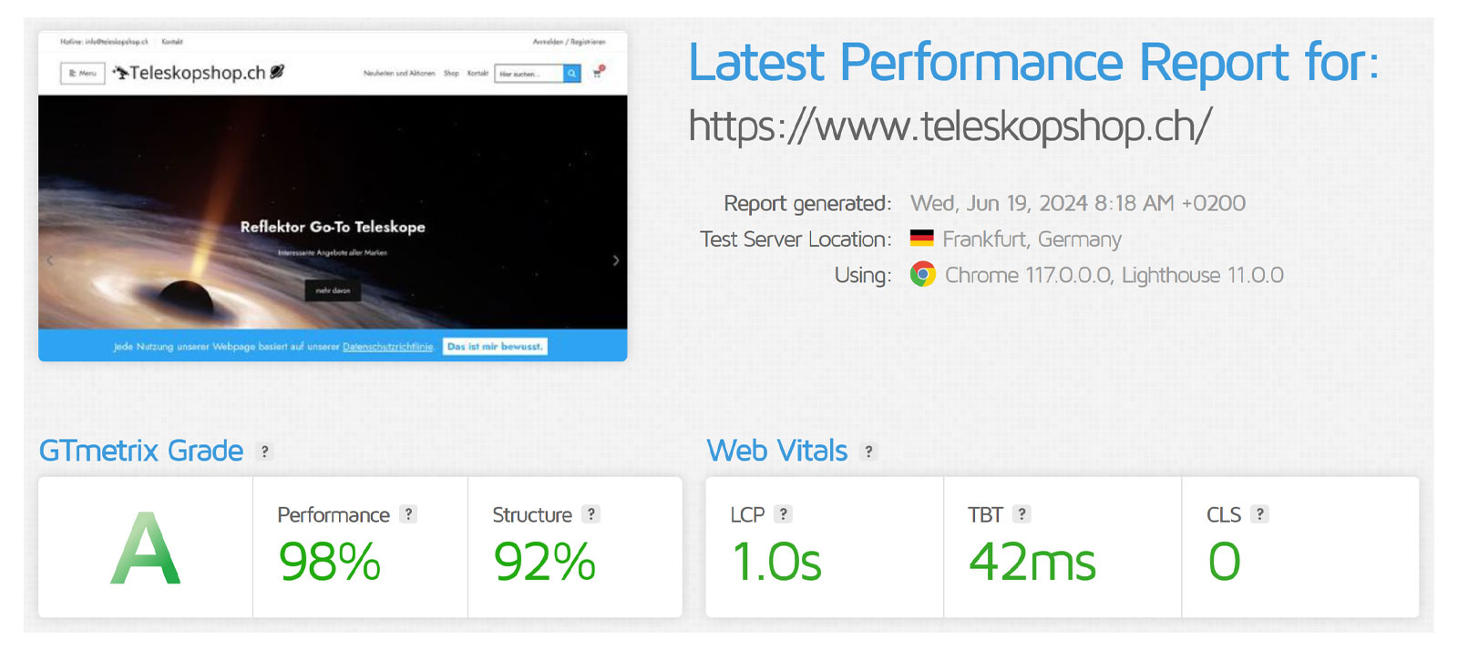 GTmetrix report for Teleskopshop.ch
