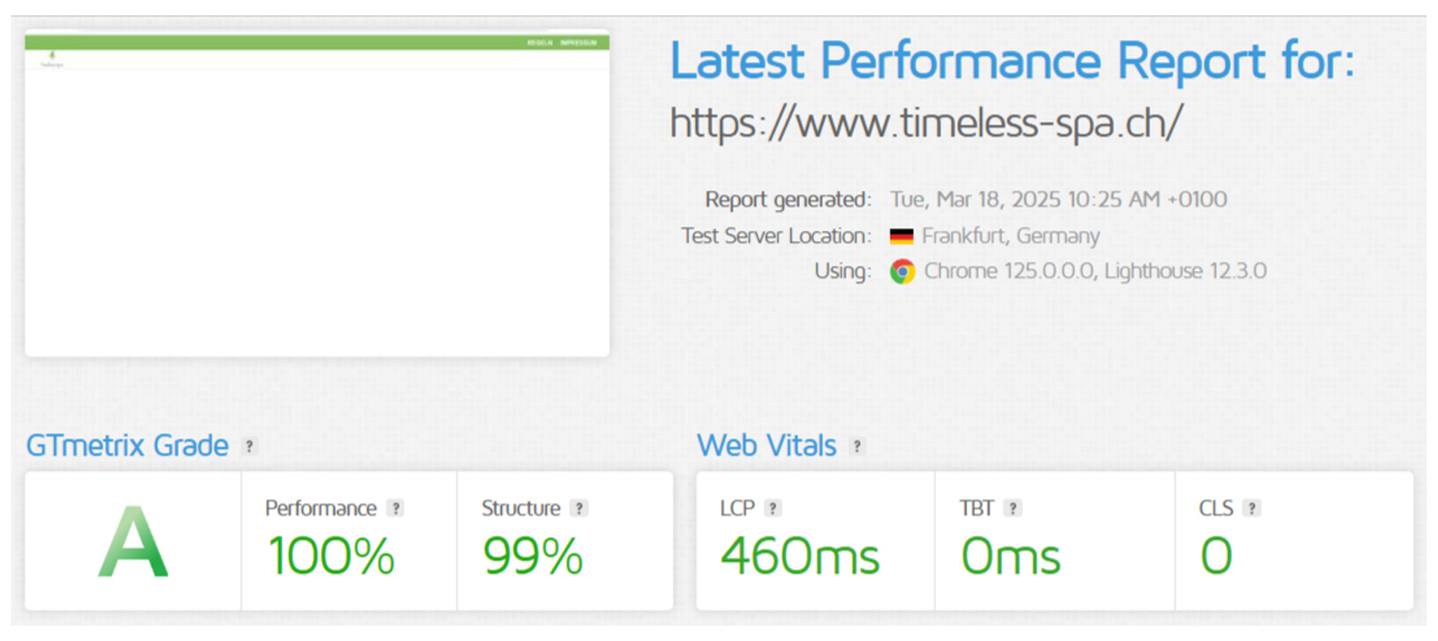 GTmetrix-Bericht für Timeless Spa