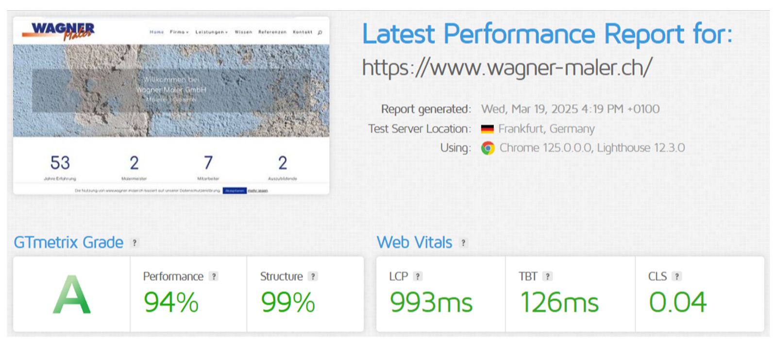 GTmetrix report for Wagner Maler GmbH