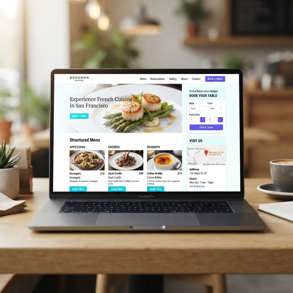 Restaurant-Website mit strukturierter digitaler Speisekarte, Reservierungs-Widget und Standortkarte