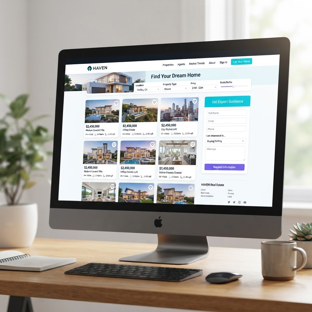 Immobilienplattform mit strukturierten Objekt-Inseraten und einem Formular zur Leadgenerierung